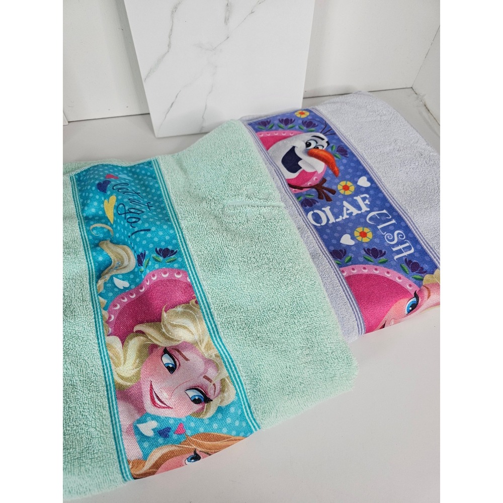 Disney Frozen‎ Kids Bath Towel Set Elsa Anna Olaf Mint Lavender 26x48 2pc Cotton